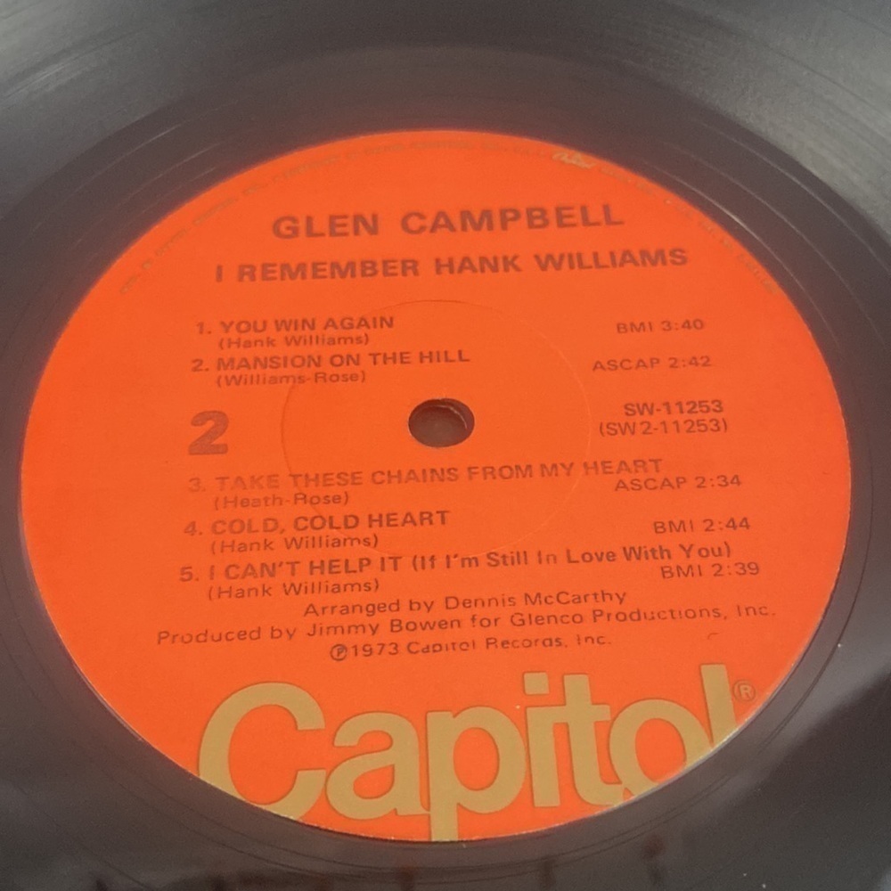 Glen Campbell I Remember Hank Williams Capitol Records 1973 Vinyl Record LP - Picture 6 of 9